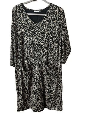 Masai Black & Cream Leaf Floral-like Print V-Neck MIDI Dress Pockets Size XL